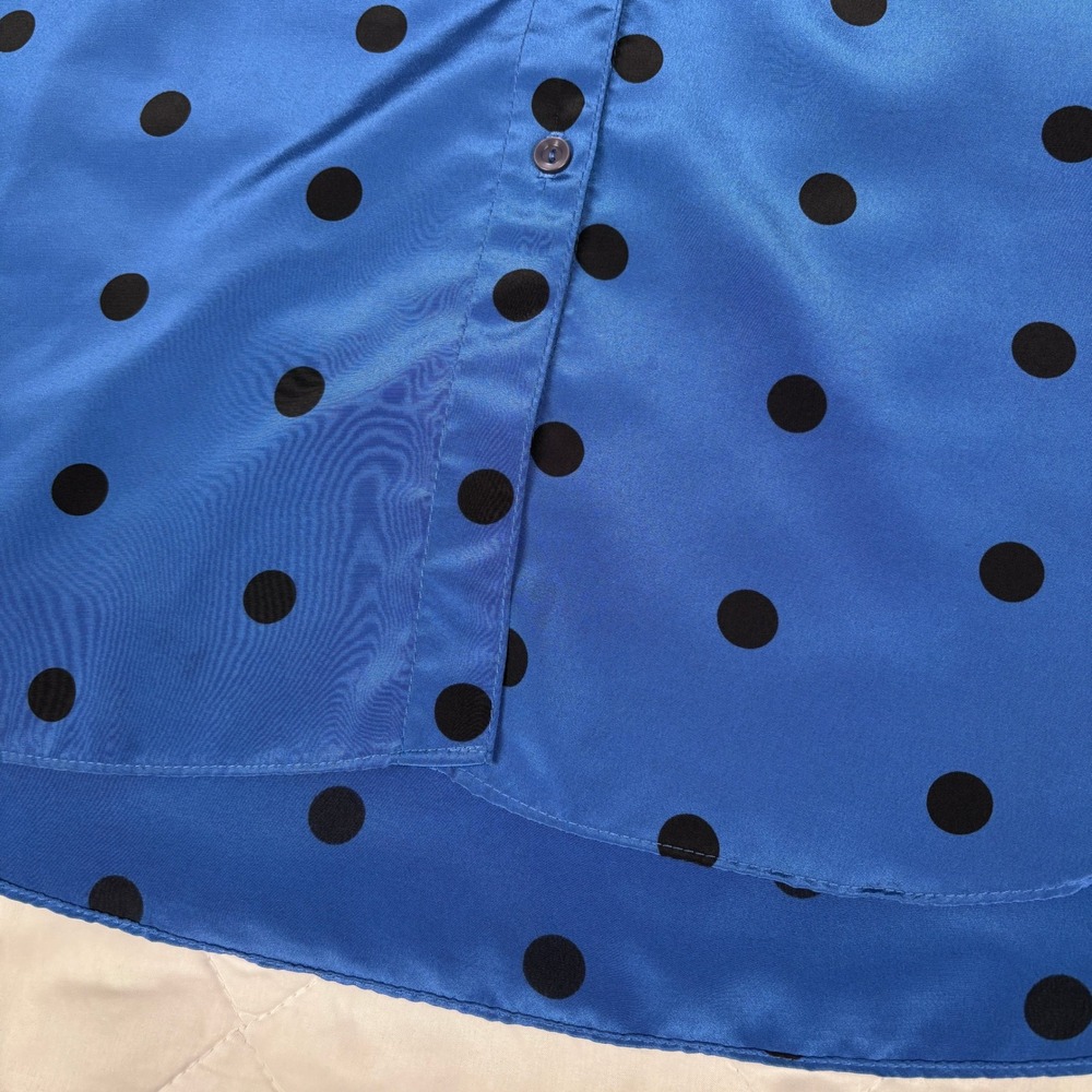 Blue Black Polka Dot Button Front Tunic Blouse Long Sleeve Roll Tab XL - Picture 10 of 12